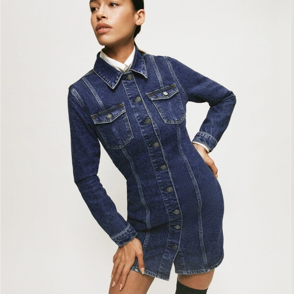 The Reformation Newman Denim Mini Dress - Picture 1 of 9